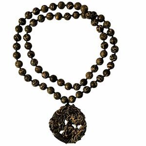 Shell Fossil Beaded Necklace, Dragon Carved Pendant, Strand Dark Stone